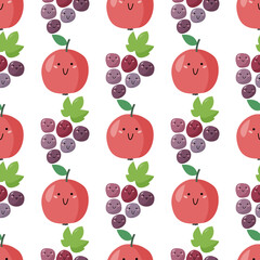 Simple kids background with smiling fruits. Flat style vector seamless pattern.