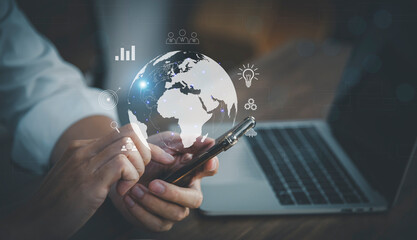 Businessmen 2022, modern tools, step into the era High speed limitless technology, global business and digital marketing 5G internet connection applications. Finance and Banking Digital Link Technolog