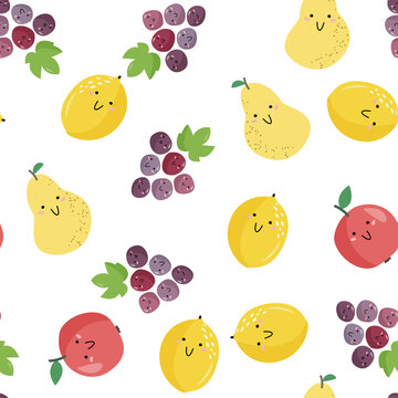 Simple kids background with smiling fruits. Flat style vector seamless pattern.