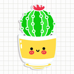 Funny cute happy cactus characters sticker. Vector kawaii line cartoon style illustration. Cute cactus sticker