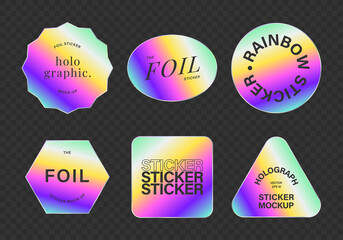Collection of holographic stickers of different shapes. Hologram label vector mock-up.