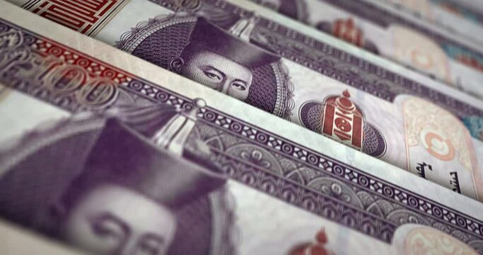Mongolian Togrog, Tugrik banknote loop. MNT money texture. Concept of economy, business, crisis, banking, recession, debt and finance in Mongolia. Moving over note. Loopable seamless 3d animation.