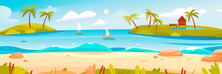 Fototapeta na wymiar Summer beach with palm trees on the seashore. Beautiful seascape. Banner for summer holidays. The sea horizon with islands and boats. Cartoon vector illustration