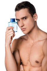 man with naked chest holding vial of perfume isolated on white.