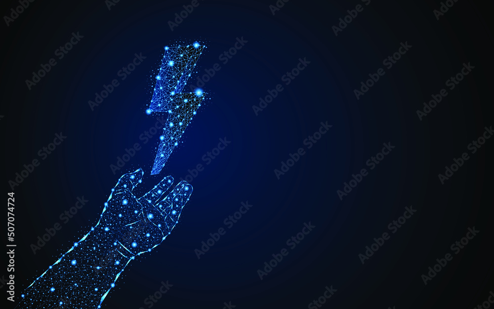 Aufkleber abstract hands holding energy symbols. concept of world energy day or energy saving. digital low pol