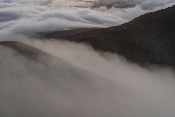 Cloudy mountain weather over Welsh mountains in Snowdonia Rhinogydd