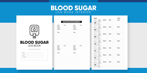 Diabetes Log Book KDP interior printable sheet: 2 Years Weekly blood sugar log book for diabetics Record Tracker