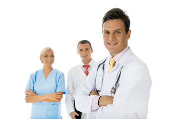 Fototapeta premium Two Doctors and Nurse are Posing with Confidence on White