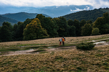 Tourists walk through the Ukrainian Carpathians, tourists carry heavy backpacks on their backs.