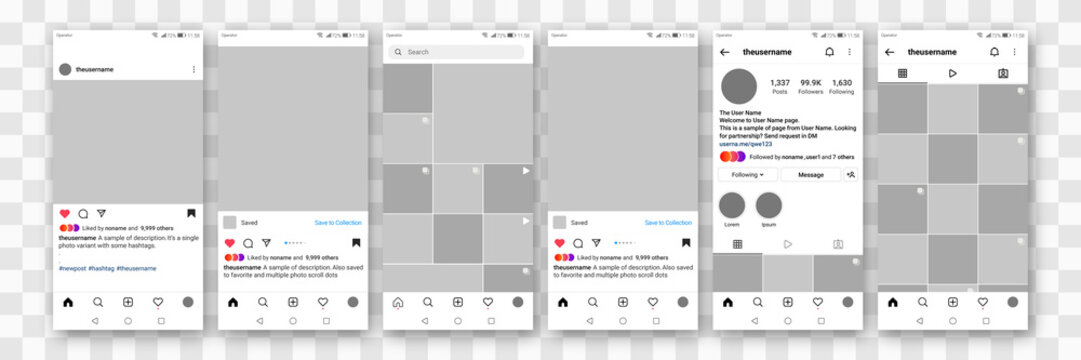 Instagram Mockup Set Interface App Social Media Smartphone Interface. Like, Save In Collection, Stories, Web Design UI UX Stories. Editorial Vector Illustration - Kyiv, Ukraine - May 26 2022