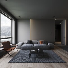 Modern dark living room interior with sofa, chair, carpet and view to mountains 3d rendering 