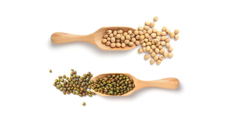 Soybeans in Wooden scoop and green mung beans in wooden scoop isolated on white background