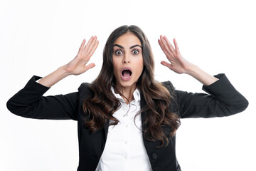Screaming hate rage woman face. Excited female face. Emotional angry woman screaming on studio isolated background. Excited female face. Female employee young secretary.