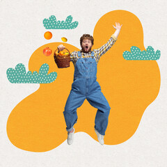 Surprised redheaded bearded man, farmer with fruit harvest jumping isolated over green and orange colors background. Concept of professional occupation, work.