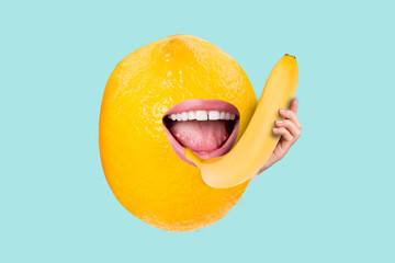 Creative collage of lemon head toothy smile mouth hold banana telephone speak isolated on bright...