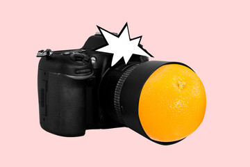 Photo cartoon comics sketch collage of camera orange lens white flash isolated pastel pink color...