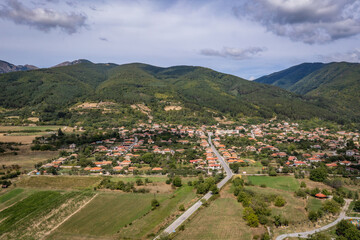 Fototapeta na wymiar Aerial drone photo of view of rose fields near Skobelevo village in Rose Valley, Bulgaria