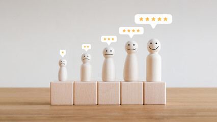 Wooden dolls, emotional faces and yellow stars, customer evaluation and satisfaction with products...
