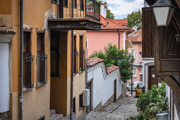 Fototapeta na wymiar Houses on narrow street in Ancient Town area of Plovdiv, Bulgaria