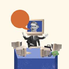 Contemporary art collage. Businessman broadcasting on retro TV set, working on many projects, having deadlines