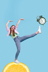 Creative 3d photo artwork graphics collage of funny funky girl standing citrus slice beating clock isolated blue color background