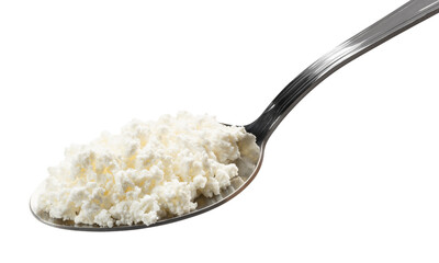 cottage cheese on spoon isolated on white. the entire image is sharpness. - obrazy, fototapety, plakaty