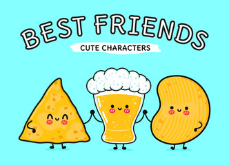 Cute, funny happy glass of beer, nachos and chips. Vector hand drawn cartoon kawaii characters, illustration icon. Funny happy cartoon glass of beer nachos chips mascot friends emoji,child,baby,face