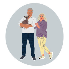 Happy senior couple with dog. Elderly man and woman standing together , smiling and holding little pet.  Flat vector illustration
