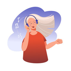 Blond woman listening to the music in her headphones. Vector illustration for webdesign, onboard, print or mobile apps