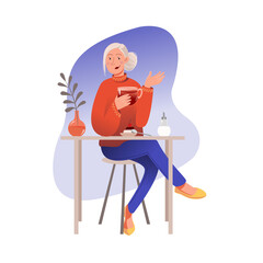 Blond woman sitting on chair drinking tea with cake. Vector illustration for webdesign, onboard, print or mobile apps