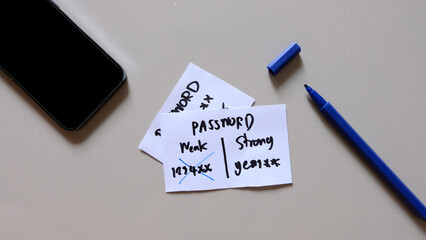 password message concept written post it on white background. password management, weak and strong password.