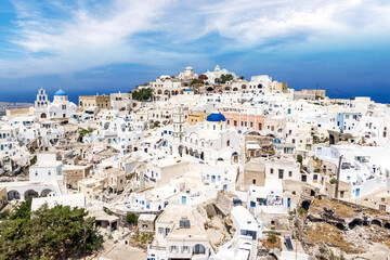 Aerial view of Greek architecture streets. Santorini, Greece top drone view.