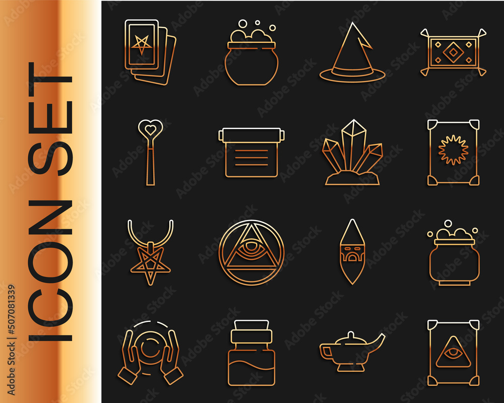 Wall mural Set line Ancient magic book, Witch cauldron, hat, Magic wand, Three tarot cards and stone icon. Vector