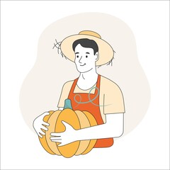 Harvesting Pumpkins. Gardener with Pumpkin. Autumn harvest and Garden concept illustration. Hand drawn in thin Line style, vector illustration.	