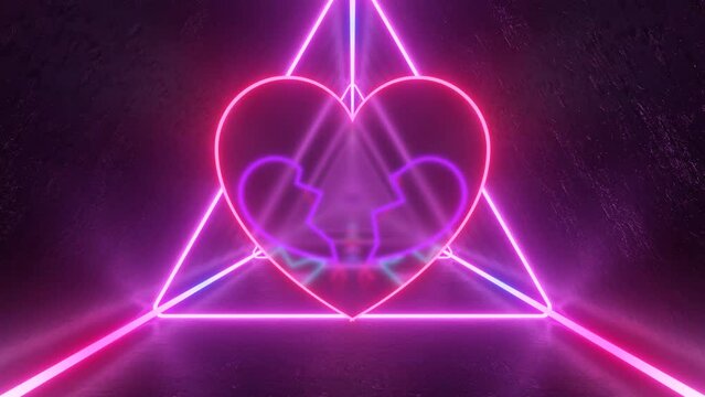 Neon Glowing Breaking Heart Split Cracked Love Symbol Lights Tunnel - 4K Seamless VJ Loop Motion Background Animation