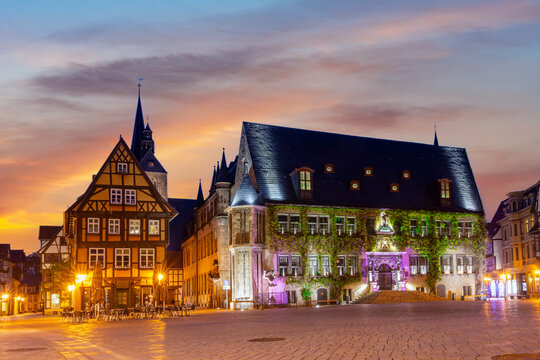 Market square with Town Hall at night, Quedlinburg, Germany