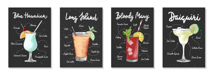 Set of 4 advertising recipe lists with alcoholic drinks, cocktails and beverages lettering posters, wall decoration, prints, menu design. Hand drawn typography with sketches. Handwritten calligraphy.