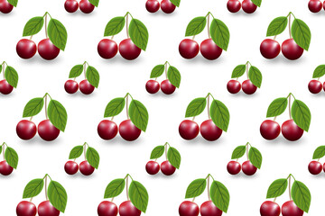Cherry illustration with leaves seamless pattern on white background. Colorful stylish illustration for backgrounds, textiles, tapestries.