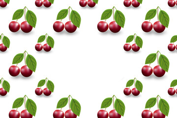 Cherry illustration with leaves seamless pattern on white background. Colorful stylish illustration for backgrounds, textiles, tapestries. Illustration with copy space.