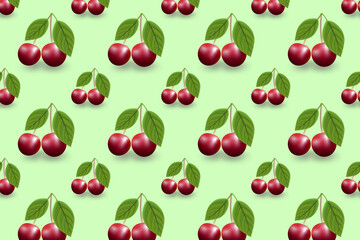 Cherry illustration with leaves seamless pattern on green background. Colorful stylish illustration for backgrounds, textiles, tapestries.