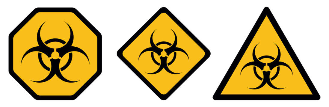 biohazard banner collection, black symbol on yellow background, isolated warning signs