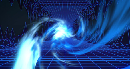 Image of tunnel made of blue lights moving over blue and black metaverse landscape