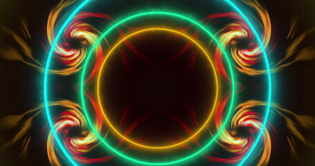 Image of spiral flames and neon circles over black background