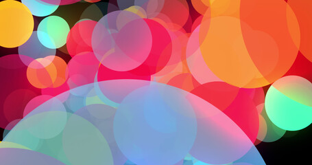 Image of colourful dots over spiral orange and green shapes on black background