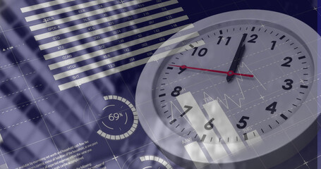 Image of data processing over clock and cityscape