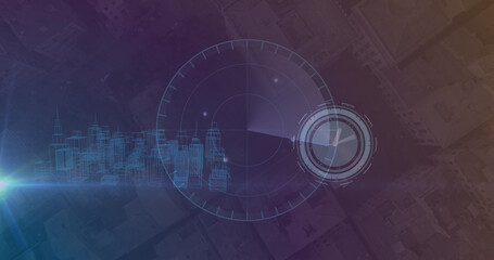 Image of clock moving over digital city