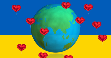 Image of hearts and globe over flag of ukraine