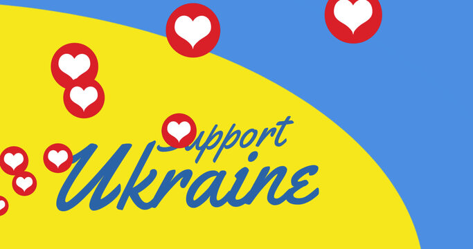 Image of hearts and support ukraine over flag of ukraine - Powered by Adobe