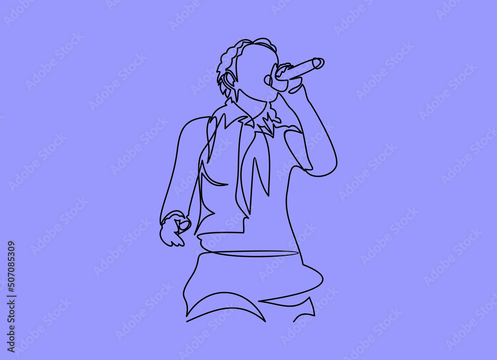 Sticker singing woman with microphone in hands vector illustration. musical band vocalist.continuous line drawing - Stickers