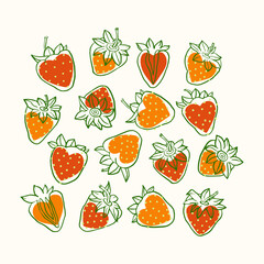 Bright  set with hand drawn strawberries and hearts. Isolated vector elements for various projects, stickers, postcards.